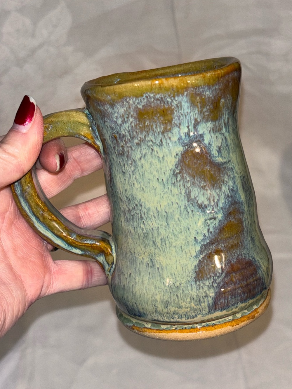 Handmade Studio Pottery Mug Blue Green Brown Drip Glaze Artisan Stoneware